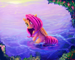 Size: 2500x2000 | Tagged: safe, alternate version, artist:miokomata, fluttershy, pegasus, pony, g4, 2017, butt, female, flower, high res, looking at you, looking back, mare, outdoors, plot, signature, solo, water