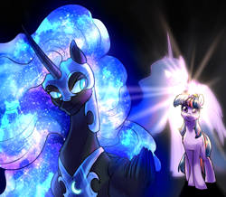 Size: 1997x1741 | Tagged: safe, artist:not-ordinary-pony, derpibooru exclusive, nightmare moon, twilight sparkle, alicorn, unicorn, mlp fim's fourteenth anniversary, g4, angry, crepuscular rays, duo, element of magic, ethereal mane, female, galaxy mane, horn, mare, physique difference, sternocleidomastoid, twilight sparkle (alicorn), ultimate twilight, unicorn twilight