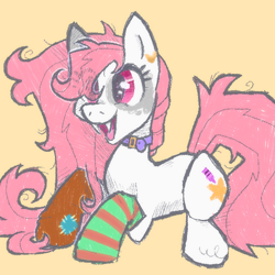 Size: 600x600 | Tagged: safe, artist:lastunicorn666, oc, oc only, oc:stickerpet, earth pony, pony, undead, vampire, vampony, clothes, collar, female, lying down, mare, orange background, prone, simple background, socks, solo, striped socks