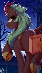 Size: 1280x2195 | Tagged: safe, artist:shadowreindeer, cinder glow, summer flare, kirin, pony, g4, bag, butt, cloven hooves, female, grass, halloween, holiday, mare, night, outdoors, plot, solo, stars, strategically covered, tree, underhoof