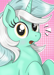 Size: 2000x2800 | Tagged: safe, artist:eels, lyra heartstrings, pony, unicorn, g4, abstract background, cute, emanata, female, heart, heart eyes, high res, horn, looking at you, lyrabetes, mare, open mouth, solo, wingding eyes