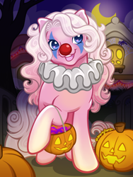 Size: 1800x2400 | Tagged: safe, artist:sparkytopia, pinkie pie (g3), earth pony, pony, g3, blue eyes, candy, clothes, clown, clown makeup, clown nose, clown outfit, costume, curly mane, food, halloween, halloween costume, holiday, jack-o-lantern, outdoors, pink coat, pumpkin, red nose, signature, solo, white mane, ych example