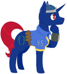 Size: 920x1020 | Tagged: safe, artist:squeezymouse, oc, oc only, oc:bit shift, pony, unicorn, fallout equestria, brain, catchlights, clothes, commission, horn, jumpsuit, lineless, male, male oc, organs, pipboy, red eyes, shirt, simple background, solo, stallion, stallion oc, transparent background, unicorn oc, white pupils