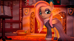 Size: 5120x2880 | Tagged: safe, artist:silkworm205, part of a set, discord, fluttershy, pegasus, series:silkworm205's weekly artwork 2024, g4, 3d, angry, black eyeshadow, black lipstick, book, clothes, colored eyebrows, colored wings, colored wingtips, download at source, downloadable, dress, ear piercing, earring, eyeshadow, female, fire, fireplace, fluffy hair, fluffy mane, fluttergoth, folded wings, gothic, indoors, jewelry, lipstick, looking at you, makeup, piercing, scowl, shield, shirt, shoes, size difference, solo, source filmmaker, source filmmaker resource, wings