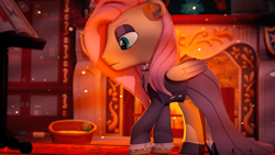 Size: 5120x2880 | Tagged: safe, artist:silkworm205, part of a set, fluttershy, pegasus, series:silkworm205's weekly artwork 2024, g4, 3d, angry, black eyeshadow, black lipstick, book, buttergoth, butterscotch, clothes, colored eyebrows, colored wings, colored wingtips, download at source, downloadable, dress, ear piercing, earring, eyeshadow, fire, fireplace, fluffy hair, fluffy mane, fluttergoth, folded wings, gothic, indoors, jewelry, lipstick, makeup, male, piercing, rule 63, sad, scowl, shield, shirt, shoes, solo, source filmmaker, source filmmaker resource, unshorn fetlocks, wings