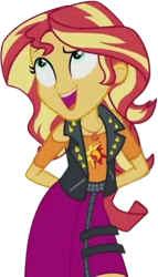 Size: 1444x2520 | Tagged: safe, edit, edited screencap, editor:mrtoonlover83, screencap, sunset shimmer, human, constructive criticism, equestria girls, g4, my little pony equestria girls: choose your own ending, background removed, belt, clothes, cutie mark on clothes, eyebrows, female, geode of empathy, hand behind back, jewelry, leather, leather vest, looking up, magical geodes, necklace, not a vector, open mouth, open smile, pink skirt, raised eyebrow, shirt, shoulderless, shoulderless shirt, simple background, skirt, smiling, solo, spikes, studs, transparent background, vest