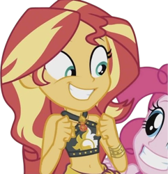 Size: 2425x2520 | Tagged: safe, edit, edited screencap, editor:mrtoonlover83, screencap, pinkie pie, sunset shimmer, equestria girls, g4, background removed, bare shoulders, duo, duo female, female, not a vector, simple background, sleeveless, smiling, solo, sunset shimmer swimsuit, transparent background