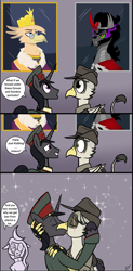 Size: 1349x2731 | Tagged: safe, artist:razzy, king sombra, oc, oc:grover vi, oc:starseeker, griffon, pony, unicorn, equestria at war mod, g4, beak kissing, comic, dialogue, haha just kidding unless, horn, kissing, male, stallion