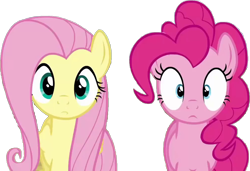 Size: 1008x689 | Tagged: safe, edit, edited screencap, screencap, fluttershy, pinkie pie, earth pony, pegasus, pony, g4, background removed, duo, duo female, female, mare, simple background, transparent background