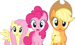 Size: 1096x652 | Tagged: safe, edit, edited screencap, screencap, applejack, fluttershy, pinkie pie, earth pony, pegasus, pony, g4, my little pony: friendship is magic, applejack's hat, background removed, cowboy hat, female, hat, mare, simple background, transparent background, trio, trio female