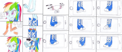 Size: 5883x2508 | Tagged: safe, artist:greenhood-station, rainbow dash, scootaloo, human, equestria girls, g4, barefoot, boots, clothes, cropped, feet, foot tapping, jacket, putting on boots, shirt, shoes, skirt, socks, solo, tapping, traditional art, vest