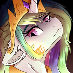 Size: 600x600 | Tagged: safe, artist:decemberbreeze, princess celestia, alicorn, pony, g4, angry, bust, crown, ears back, female, fire, frown, jewelry, mare, portrait, ragelestia, regalia, solo, this will end in daybreaker