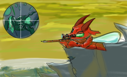 Size: 2593x1570 | Tagged: safe, artist:skunkstripe, queen chrysalis, changeling, g4, changeling hive, cliff, gun, rageling, rifle, sniper, sniper rifle, weapon