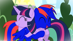 Size: 1803x1007 | Tagged: safe, artist:stephen-fisher, twilight sparkle, oc, oc:stephen (stephen-fisher), alicorn, pony, g4, butt, duo, duo male and female, eyes closed, female, hug, male, mare, plot, twilight sparkle (alicorn)