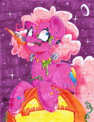 Size: 2530x3285 | Tagged: safe, artist:maniczombiedreamgirl, pinkie pie, earth pony, mlp fim's fourteenth anniversary, g4, 2024, :3, blue eyes, bolts, cheek fluff, chest fluff, clothes, costume, crescent moon, cute, diapinkes, ear fluff, female, frankenpony, halloween, holiday, jack-o-lantern, knife, looking at you, moon, mouth hold, night, night sky, nightmare night, nightmare night costume, pigtails, pink coat, pink hooves, pink mane, pink tail, pumpkin, redesign, reverse colors, sky, slime, smiling, solo, stars, stitched body, stitches, tail, tongue out, traditional art, unshorn fetlocks, vine, watermark