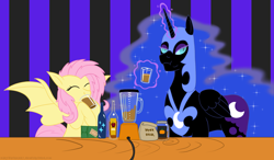 Size: 2420x1409 | Tagged: safe, artist:earthquake87, fluttershy, nightmare moon, alicorn, bat pony, pony, g4, apple cider, bag, bat ponified, blender (object), bottle, box, cheek bulge, concave belly, drink, drinking, drinking glass, duo, duo female, ethereal mane, eyes closed, female, flutterbat, food, glass, glowing, glowing horn, height difference, helmet, horn, jar, magic, mare, race swap, spread wings, starry mane, starry tail, tail, telekinesis, wings