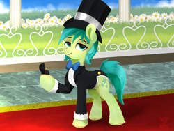 Size: 2400x1800 | Tagged: safe, artist:darksly, sandbar, earth pony, pony, g4, bowtie, clothes, commission, hat, lidded eyes, looking at you, male, outdoors, ring bearer, solo, suit, top hat