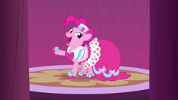 Size: 1280x720 | Tagged: safe, screencap, pinkie pie, earth pony, pony, g4, my little pony: friendship is magic, suited for success, clothes, dress, female, gala dress, gown, pinkie pie's first gala dress, solo, standing