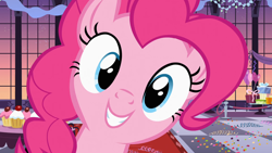 Size: 1920x1080 | Tagged: safe, screencap, pinkie pie, earth pony, pony, g4, my little pony: friendship is magic, season 2, sweet and elite, balloon, confetti, female, looking at you, mare, pillarboxing, present, smiling, solo