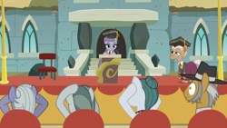 Size: 1920x1080 | Tagged: safe, screencap, cloudy quartz, igneous rock pie, limestone pie, marble pie, maud pie, rusty tenure, earth pony, pony, g4, rock solid friendship, clothes, female, graduation, graduation cap, hat, male, maud pie's tie, necktie, pie family, pie sisters, podium, rocktorate, ship:quartzrock, shipping, siblings, sisters, straight