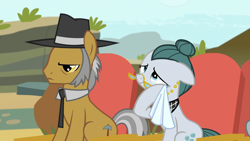 Size: 1920x1080 | Tagged: safe, screencap, cloudy quartz, igneous rock pie, earth pony, pony, g4, rock solid friendship, crying, duo, duo male and female, female, handkerchief, liquid pride, logo, male, ship:quartzrock, shipping, straight