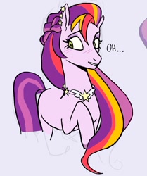 Size: 932x1117 | Tagged: safe, artist:peachmichea, part of a set, velvet starscout, earth pony, pony, g5, ear piercing, earring, eyebrows, eyebrows visible through hair, eyelashes, eyeshadow, female, jewelry, long mane, looking sideways, makeup, mare, necklace, piercing, raised hoof, solo, striped mane