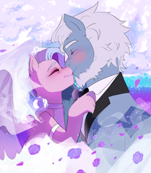 Size: 2322x2660 | Tagged: safe, artist:aztrial, alphabittle blossomforth, queen haven, pegasus, pony, unicorn, g5, blue eyes, bowtie, clothes, dress, duo, duo male and female, eyes closed, female, high res, horn, kiss on the lips, kissing, male, mare, ship:alphahaven, shipping, stallion, straight, tuxedo, unitober 2024, wedding dress