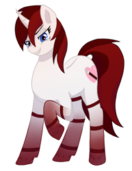 Size: 920x1190 | Tagged: safe, artist:av, oc, oc only, oc:blood drop, pony, unicorn, bedroom eyes, blue eyes, gradient legs, horn, red hair, red mane, sharp teeth, simple background, solo, teeth, white background, white coat