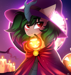 Size: 4087x4307 | Tagged: safe, artist:2pandita, oc, oc only, kirin, candle, commission, hat, kirin oc, moon, outdoors, pumpkin bucket, solo, witch hat, ych result