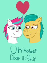 Size: 1080x1440 | Tagged: safe, artist:shucku, hitch trailblazer, zipp storm, g5, duo, duo male and female, female, green background, male, mare, ship:stormblazer, shipping, simple background, stallion, straight, unitober 2024