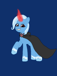 Size: 1080x1440 | Tagged: safe, artist:shucku, trixie, pony, unicorn, g4, g5, alicorn amulet, base used, blue background, evil, evil trixie, female, g4 to g5, generation leap, horn, mare, simple background, solo, tell your tale accurate