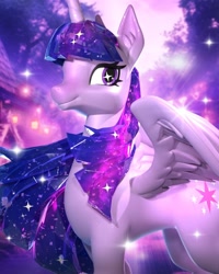 Size: 1080x1350 | Tagged: safe, part of a set, twilight sparkle, alicorn, pony, g4, official, close-up, concave belly, ethereal mane, female, figurine, kwistal plus, looking back, mare, mighty jaxx, older, older twilight, older twilight sparkle (alicorn), outdoors, partially open wings, princess twilight 2.0, slender, smiling, standing, tall, thin, toy, twilight sparkle (alicorn), wings