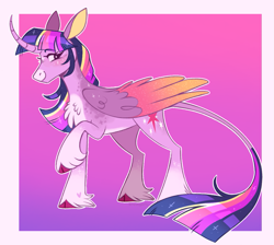 Size: 1157x1038 | Tagged: safe, artist:wanderingpegasus, twilight sparkle, alicorn, pony, g4, cloven hooves, colored wings, curved horn, gradient background, gradient legs, horn, large wings, leonine tail, pale belly, passepartout, raised hoof, smiling, solo, tail, twilight sparkle (alicorn), unshorn fetlocks, wings