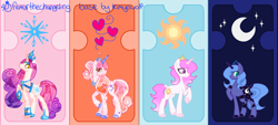 Size: 1815x822 | Tagged: safe, artist:femurthechangeling, artist:kimyowolf, princess amore, princess celestia, princess luna, oc, oc:prince amantius, classical unicorn, crystal pony, pony, unicorn, g4, alternate hairstyle, base used, brown pupils, circlet, cloven hooves, colored hooves, colored horn, colored pupils, concave belly, crown, cutie mark, female, filly, filly celestia, filly luna, gradient mane, gradient tail, group, hoof on chest, hooves, horn, jewelry, long mane, looking at you, looking down, looking down at you, male, mare, pink-mane celestia, pixel-crisp art, princess amore's cutie mark, princess celestia's cutie mark, princess luna's cutie mark, purple pupils, quartet, race swap, raised hoof, regalia, royalty, s1 luna, slender, sparkles, sparkly hooves, stallion, standing, tail, teal pupils, thin, unicorn celestia, unicorn luna, unshorn fetlocks, wingless, wingless alicorn, younger