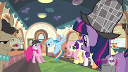 Size: 1280x720 | Tagged: safe, screencap, applejack, fluttershy, mulia mild, pinkie pie, rainbow dash, rarity, twilight sparkle, earth pony, hybrid, mule, pegasus, pony, unicorn, g4, mmmystery on the friendship express, season 2, bowler hat, butt, deerstalker, detective, female, hair grab, hair pulling, hat, horn, hub logo, indoors, logo, mane six, mare, mouth hold, plot, sherlock sparkle, standing, the hub, train, unicorn twilight