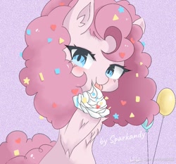 Size: 1125x1047 | Tagged: safe, artist:kandy78626, pinkie pie, earth pony, pony, g4, abstract background, bilibili, chest fluff, confetti in mane, cream, eating, female, licking, looking at you, mare, solo, text, tongue out