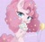 Size: 1125x1047 | Tagged: safe, artist:kandy78626, pinkie pie, earth pony, pony, g4, abstract background, bilibili, chest fluff, confetti in mane, cream, eating, female, licking, looking at you, mare, solo, text, tongue out