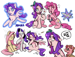 Size: 3300x2550 | Tagged: safe, artist:renjia254, fluttershy, pinkie pie, rarity, earth pony, pegasus, pony, unicorn, g4, abigail (stardew valley), bleh, choker, clothes, collared shirt, cross-popping veins, crossover, emanata, eyes closed, female, flute, glasses, heart, horn, male, mare, musical instrument, necklace, not an oc, pierre (stardew valley), ponified, rock candy necklace, shirt, simple background, sitting, smiling, speech bubble, stallion, stardew valley, text, tongue out, white background