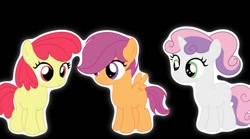 Size: 1200x666 | Tagged: safe, artist:harriet0105, apple bloom, scootaloo, sweetie belle, earth pony, pegasus, pony, unicorn, g4, black background, cutie mark crusaders, female, filly, foal, horn, outline, simple background, trio, trio female, white outline