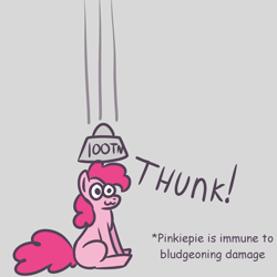 Size: 1500x1500 | Tagged: safe, artist:zoeyhorse, pinkie pie, earth pony, pony, g4, cartoon physics, cartoon violence, cute, diapinkes, female, gray background, mare, missing cutie mark, no thoughts head empty, pinkie being pinkie, pinkie physics, simple background, sitting, solo, text, weights