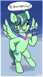 Size: 1388x2464 | Tagged: safe, artist:heretichesh, oc, oc only, oc:suera, crab, pegasus, pony, bipedal, eye clipping through hair, female, mare, open mouth, open smile, pegasus oc, smiling, solo, sparkles, speech bubble, spread wings, wings