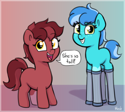 Size: 2492x2224 | Tagged: safe, artist:heretichesh, oc, oc only, oc:raspberry toffy, oc:saltwater toffy, earth pony, pony, cute, duo, female, filfil, filly, foal, freckles, gradient background, grin, high res, looking at you, ocbetes, open mouth, open smile, smiling, smiling at you, smirk, speech bubble, stilts