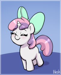 Size: 1509x1857 | Tagged: safe, artist:heretichesh, sweetie belle, pony, unicorn, g4, alternate hairstyle, blushing, bow, cute, diasweetes, female, filly, foal, gradient background, hair bow, horn, mane swap, signature, smiling, solo