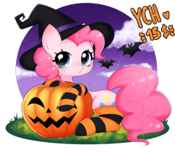 Size: 1340x1181 | Tagged: safe, artist:arwencuack, pinkie pie, g4, advertisement, clothes, commission, commission open, feral, halloween, halloween 2024, hat, holiday, outdoors, socks, solo, striped socks, wish, witch hat, ych example, your character here