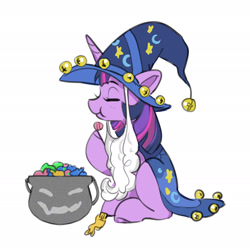 Size: 2186x2177 | Tagged: safe, artist:opalacorn, twilight sparkle, pony, unicorn, g4, candy, clothes, costume, cute, eating, fake beard, female, food, horn, inktober, inktober 2024, mare, nightmare night costume, simple background, sitting, solo, star swirl the bearded costume, twiabetes, unicorn twilight, white background