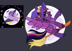 Size: 2535x1811 | Tagged: safe, artist:_shummy_, twilight sparkle, alicorn, pony, g4, broom, colored belly, ear tufts, fangs, female, flying, flying broomstick, full moon, gray background, hat, mare, moon, open mouth, open smile, simple background, smiling, solo, spread wings, twilight sparkle (alicorn), unshorn fetlocks, wings, witch hat