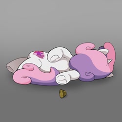 Size: 1200x1200 | Tagged: safe, artist:talimingi, sweetie belle, pony, unicorn, g4, cork, family guy death pose, female, filly, foal, frog (hoof), gradient background, hoofbutt, horn, lying down, on side, solo, underhoof