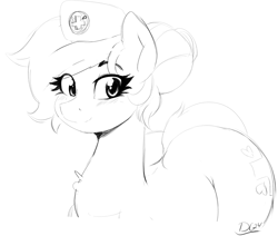 Size: 1989x1686 | Tagged: safe, artist:thelunarmoon, nurse redheart, earth pony, pony, g4, butt, female, grayscale, large butt, looking at you, mare, monochrome, nurse redbutt, signature, simple background, sketch, smiling, smiling at you, solo, white background