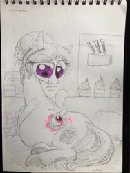 Size: 3024x4032 | Tagged: safe, artist:ja0822ck, oc, oc only, oc:bundle joy, unnamed oc, earth pony, pony, baby, baby pony, belly, big belly, butt, coffee machine, coffee mug, commission, cup, cute, dialogue, dishes, female, fetus, foal, food, ice cream, looking at self, looking at someone, lying down, magic, magic aura, mare, mug, on side, photo, pillow, plot, pregnant, text, traditional art