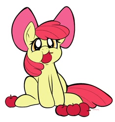 Size: 780x831 | Tagged: safe, artist:puggiepuppy, apple bloom, earth pony, pony, adorabloom, apple, apple bloom's bow, bow, cute, eating, female, filly, foal, food, hair bow, looking at you, mouth hold, simple background, sitting, solo, stuffing, text, white background